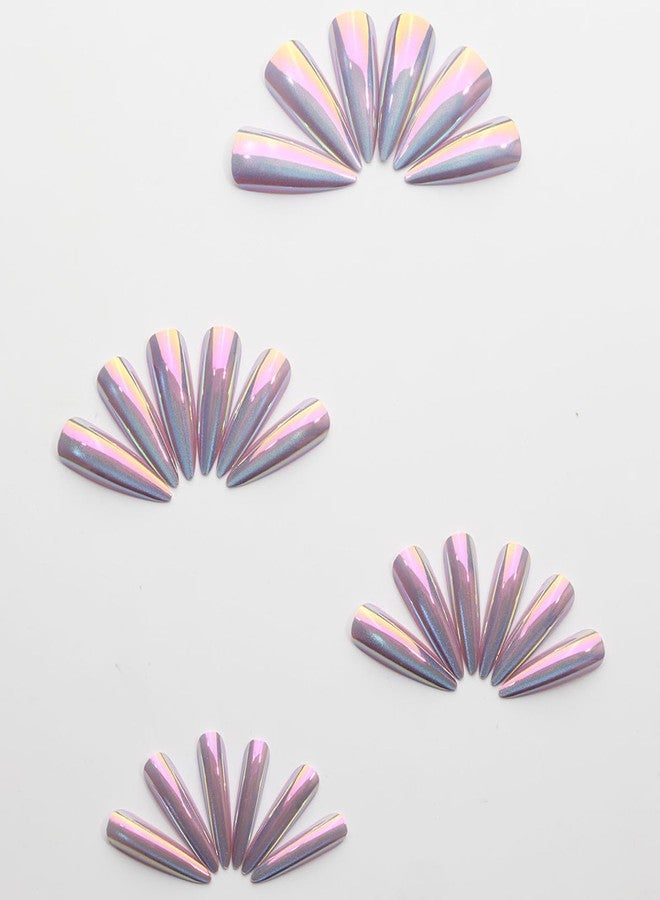 SINHOT Stiletto Press on Nails - Long Fake Nails, Glossy Finish, Blue Cat Eye & Chrome, DIY Artificial False Nail Art - 24 Pcs Nail Kit with Glue - Image 2